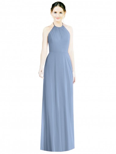 Chiffon Halter Neck Low Back A-Line Dusty Blue Bridesmaid Dress Derby