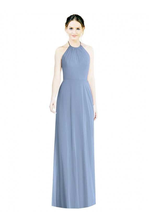 Chiffon Halter Neck Low Back A-Line Dusty Blue Bridesmaid Dress Derby