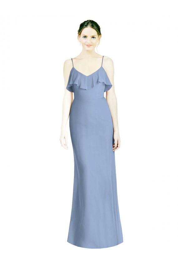Soft Chiffon V-Neck Open Back A-Line Dusty Blue Bridesmaid Dresses Derby
