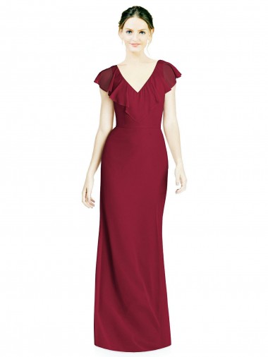 Soft Chiffon V-Neck V-Back Trumpet Burgundy Bridesmaid Dress Derby