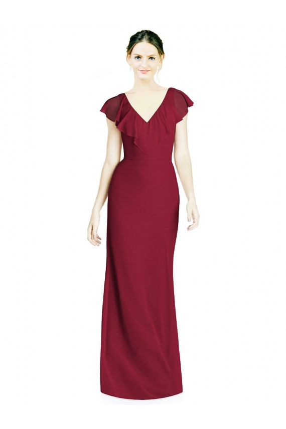 Soft Chiffon V-Neck V-Back Trumpet Burgundy Bridesmaid Dress Derby