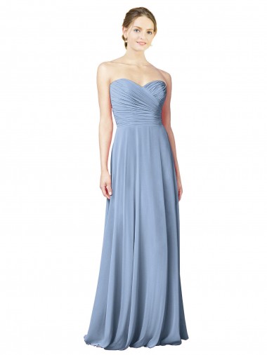 Chiffon Strapless Low Back A-Line Dusty Blue Wedding Party Dress Derby