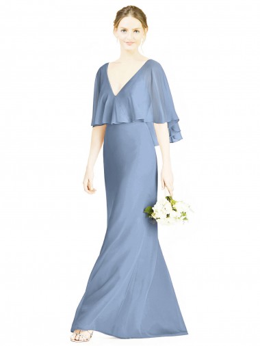 Soft Chiffon V-Neck Trumpet Dusty Blue Bridesmaid Dress Derby