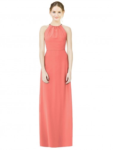 Soft Chiffon Halter Neck Keyhole Back A-Line Coral Bridesmaid Dress Derby