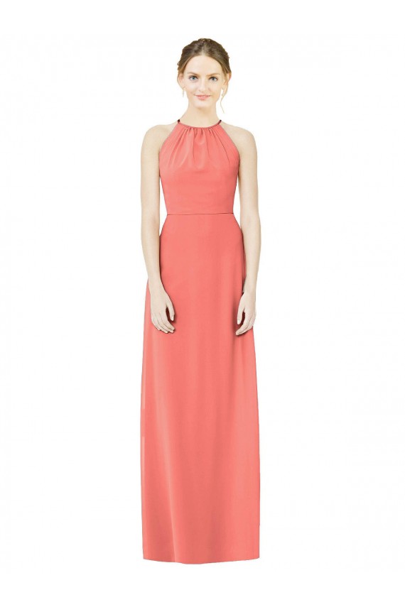 Soft Chiffon Halter Neck Keyhole Back A-Line Coral Bridesmaid Dress Derby
