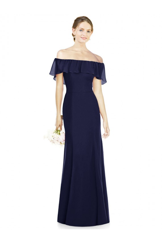 Soft Chiffon Off the Shoulder Trumpet Dark Navy Bridesmaid Dress Derby