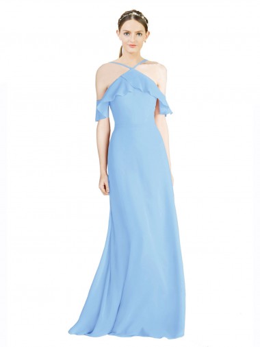 Soft Chiffon Halter Neck Low Back A-Line Periwinkle Formal Dress / Bridesmaid Dress Derby