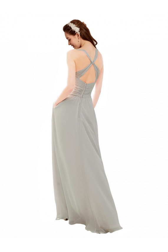 Soft Chiffon V-Neck Open Back A-Line Silver Bridesmaid Dress Derby