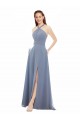 Soft Chiffon High Neck A-Line Dusty Blue Evening Dress / Bridal Party Dress Derby