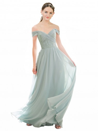 Soft Chiffon & Lace Off the Shoulder A-Line Sea Glass Bridesmaid Dress Derby