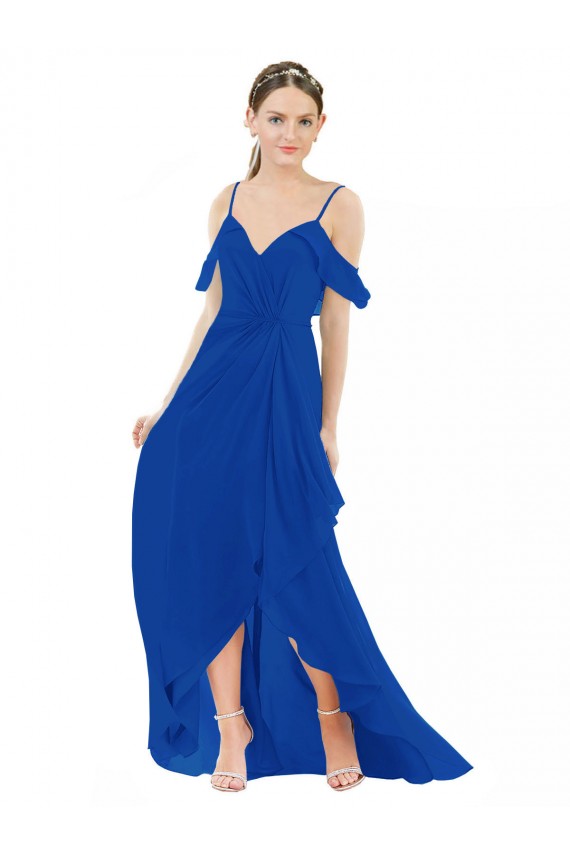 Soft Chiffon V-Neck A-Line Royal Blue High Low Bridesmaid Dress Derby