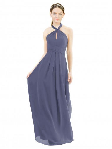 Soft Chiffon Halter Neck Low Back A-Line Silver Stone Bridesmaid Dress Derby