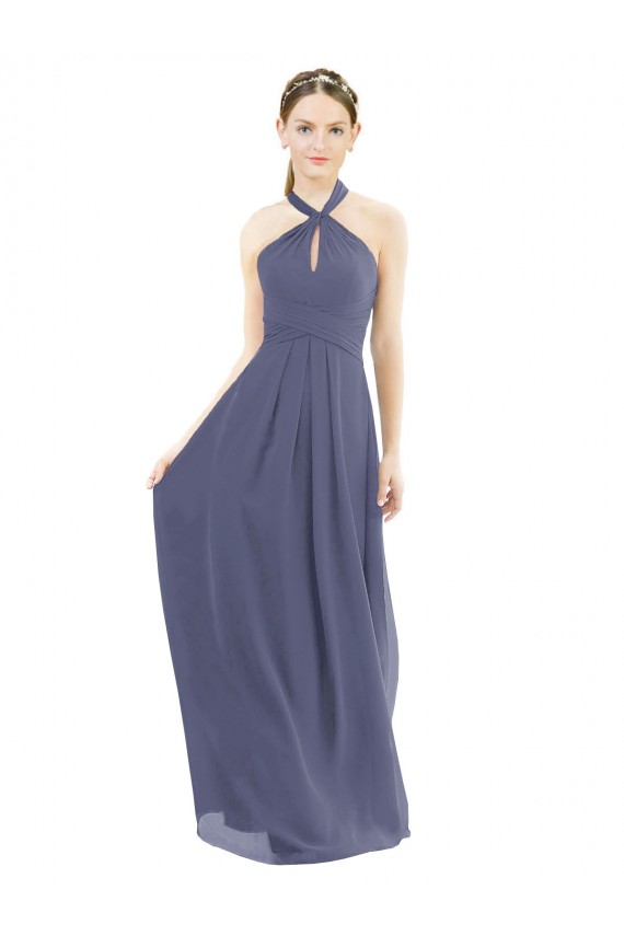 Soft Chiffon Halter Neck Low Back A-Line Silver Stone Bridesmaid Dress Derby