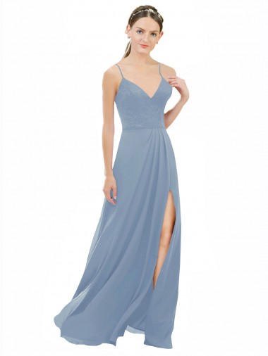 Soft Chiffon & Lace V-Neck Keyhole Back A-Line Dusty Blue Bridesmaid Dress Derby