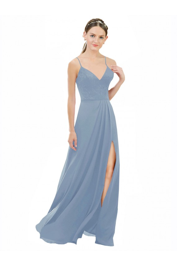 Soft Chiffon & Lace V-Neck Keyhole Back A-Line Dusty Blue Bridesmaid Dress Derby