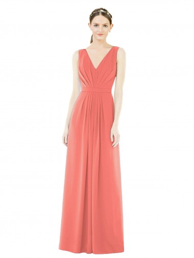 Soft Chiffon V-Neck V-Back A-Line Coral Bridesmaid Dress Derby