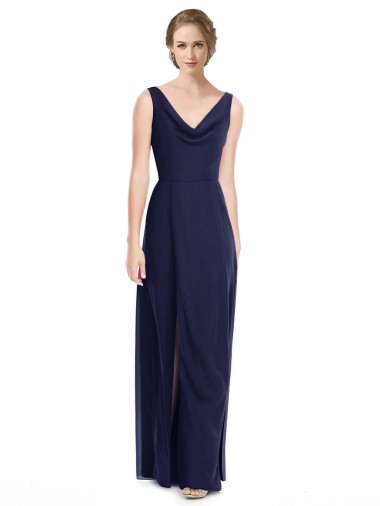 Soft Chiffon Cowl Neck V-Back A-Line Dark Navy Bridesmaid Dress Derby