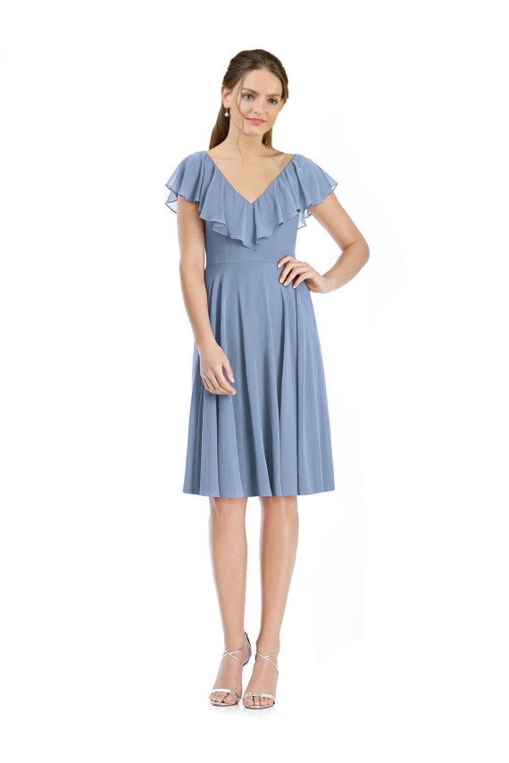 Soft Chiffon V-Neck Cocktail Length A-Line Dusty Blue Bridesmaid Dress Derby