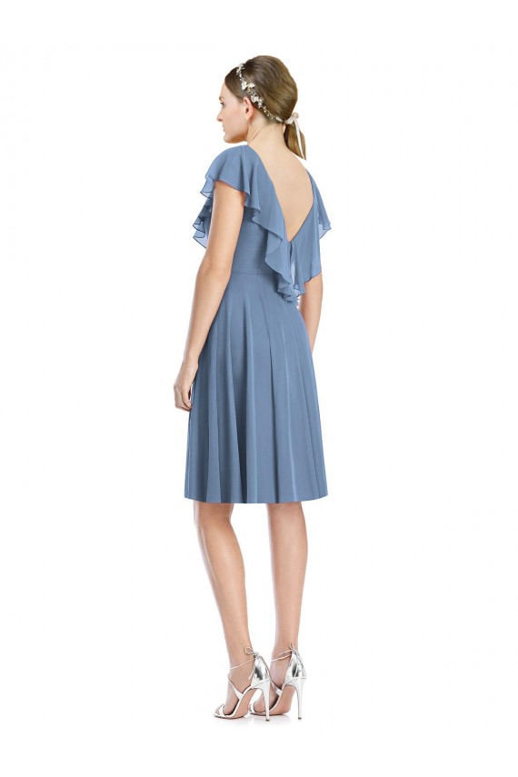 Soft Chiffon V-Neck Cocktail Length A-Line Dusty Blue Bridesmaid Dress Derby