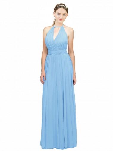 Soft Chiffon Halter Neck Low Back A-Line Periwinkle Bridesmaid Dress Derby