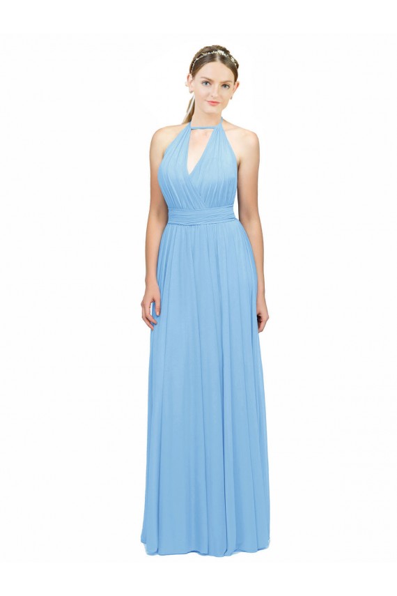 Soft Chiffon Halter Neck Low Back A-Line Periwinkle Bridesmaid Dress Derby