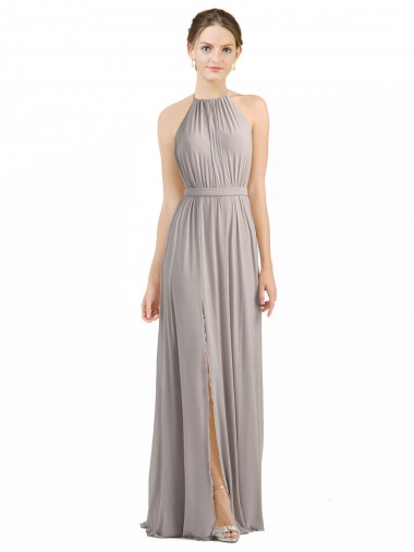 Soft Chiffon Halter Neck Low Back A-Line Oyster Silver Bridesmaid Dress Derby