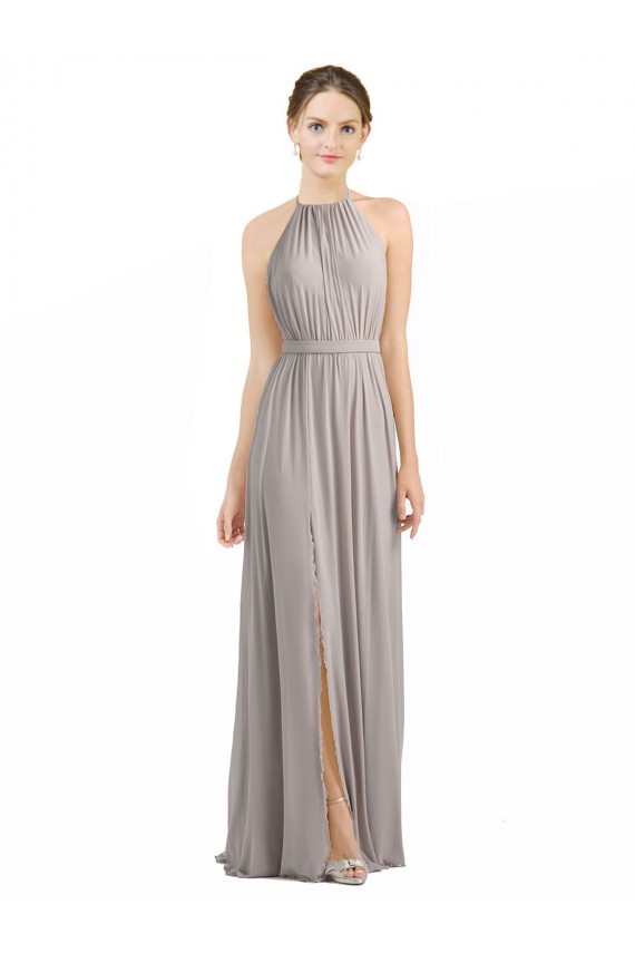 Soft Chiffon Halter Neck Low Back A-Line Oyster Silver Bridesmaid Dress Derby