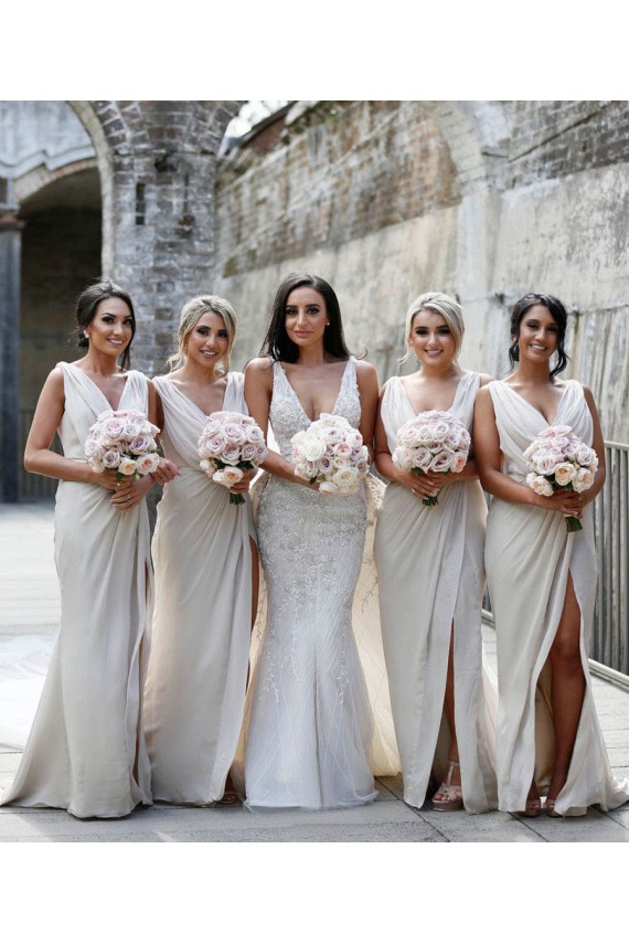 Soft Chiffon V-Neck Low Back A-Line Champagne Bridesmaid Dress Derby