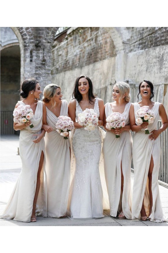 Soft Chiffon V-Neck Low Back A-Line Champagne Bridesmaid Dress Derby