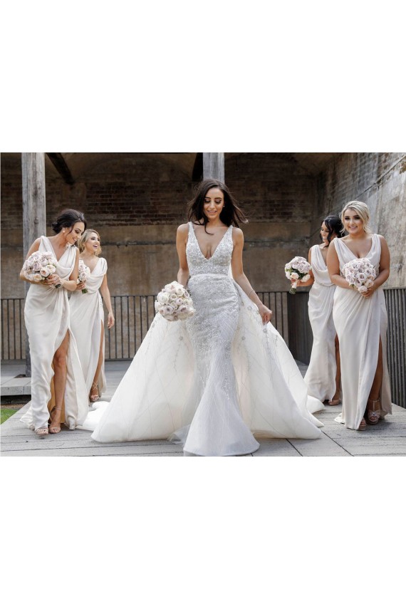 Soft Chiffon V-Neck Low Back A-Line Champagne Bridesmaid Dress Derby