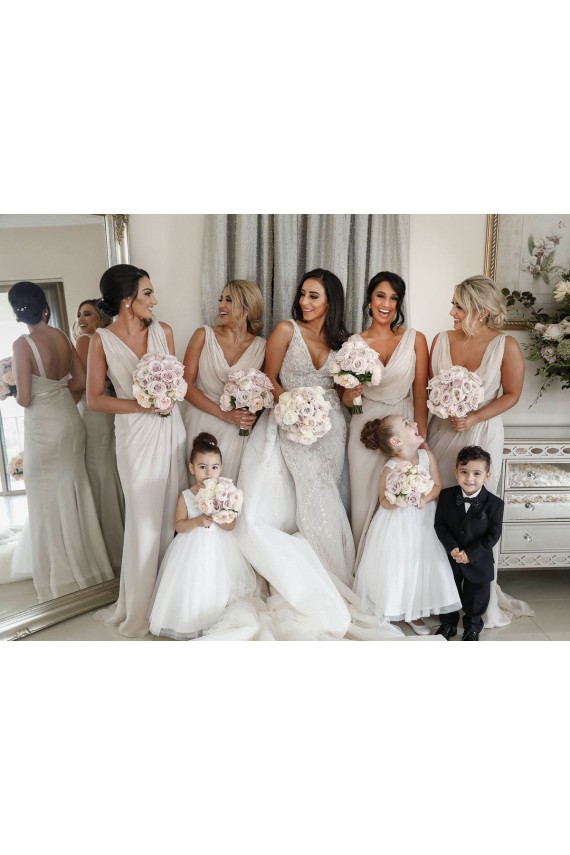 Soft Chiffon V-Neck Low Back A-Line Champagne Bridesmaid Dress Derby