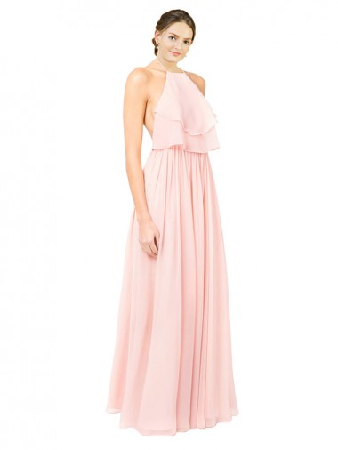 Soft Chiffon Halter Neck Open Back A-Line Pink Formal Dress / Bridesmaid Dress Derby