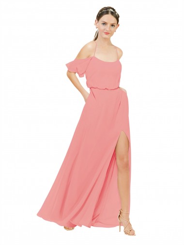 Soft Chiffon Off the Shoulder A-Line Watermelon Bridesmaid Dress Derby
