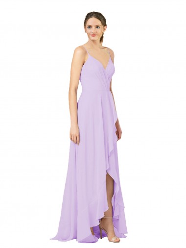 Soft Chiffon V-Neck Open Back Sheath Lilac High Low Bridesmaid Dress Derby