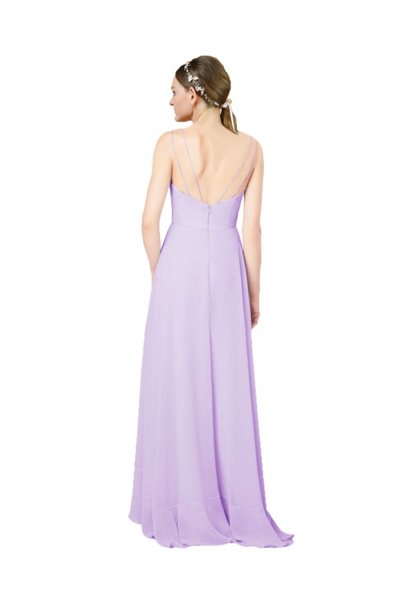 Soft Chiffon V-Neck Open Back Sheath Lilac High Low Bridesmaid Dress Derby