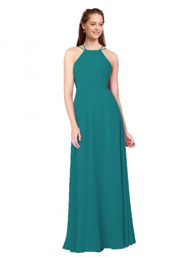 Soft Chiffon High Neck Open Back Sheath Hunter Bridesmaid Dress Derby