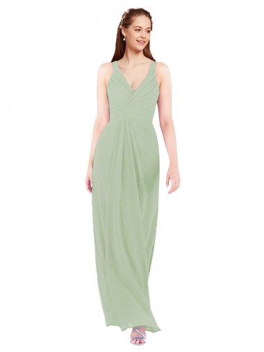 Soft Chiffon V-Neck Keyhole Back Sheath Smoke Green Bridesmaid Dress Derby