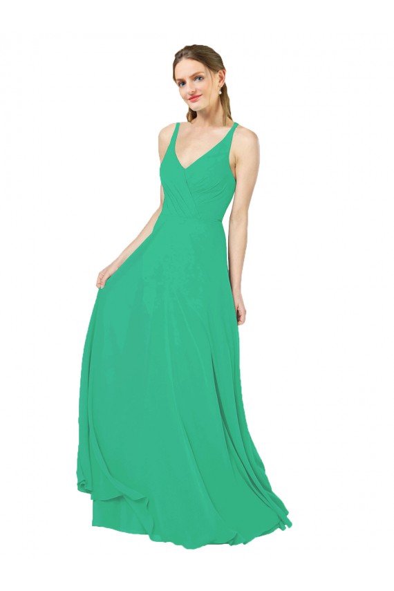 Soft Chiffon V-Neck Open Back Sheath Emerald Green Bridesmaid Dress Derby