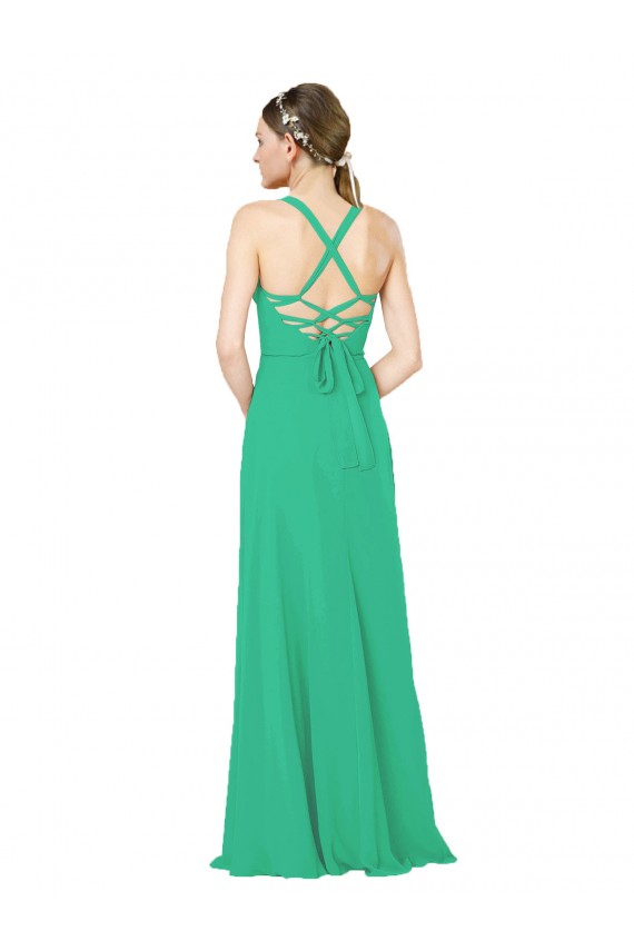 Soft Chiffon V-Neck Open Back Sheath Emerald Green Bridesmaid Dress Derby