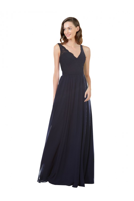 Soft Chiffon & Lace V-Neck Keyhole Back A-Line Dark Navy Bridesmaid Dress Derby