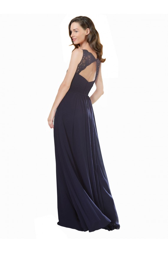 Soft Chiffon & Lace V-Neck Keyhole Back A-Line Dark Navy Bridesmaid Dress Derby