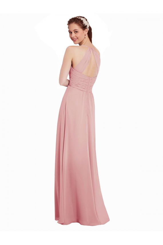 Soft Chiffon Halter Neck Keyhole Back A-Line Bliss Pink Bridesmaid Dress Derby