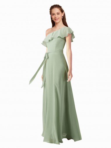 Soft Chiffon One Shoulder A-Line Smoke Green Bridesmaid Dress Derby