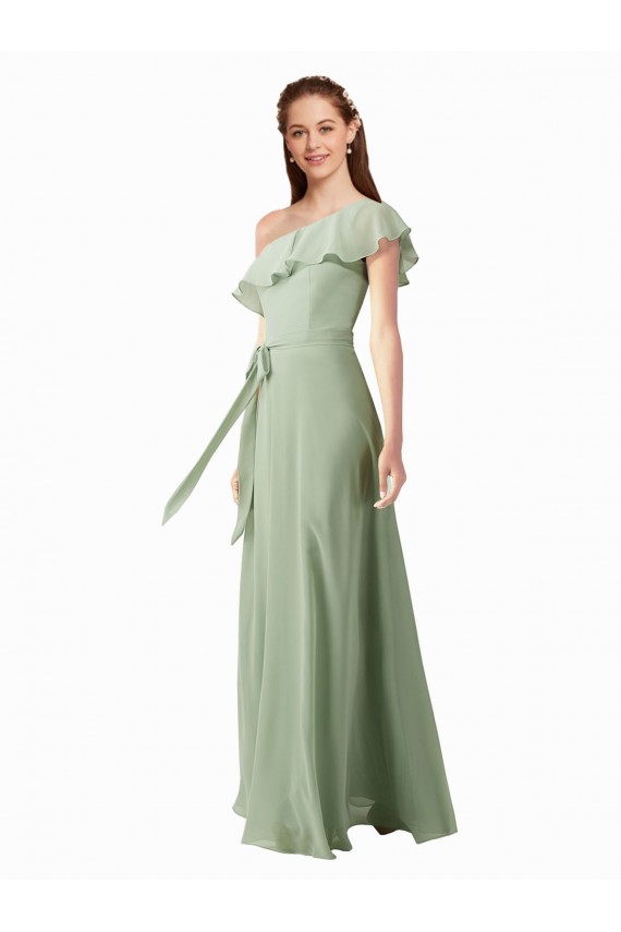 Soft Chiffon One Shoulder A-Line Smoke Green Bridesmaid Dress Derby