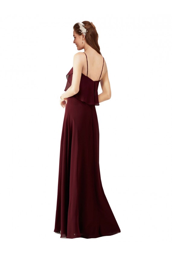 Chiffon Spaghetti Straps A-Line Burgundy Gold Bridesmaid Gowns Derby