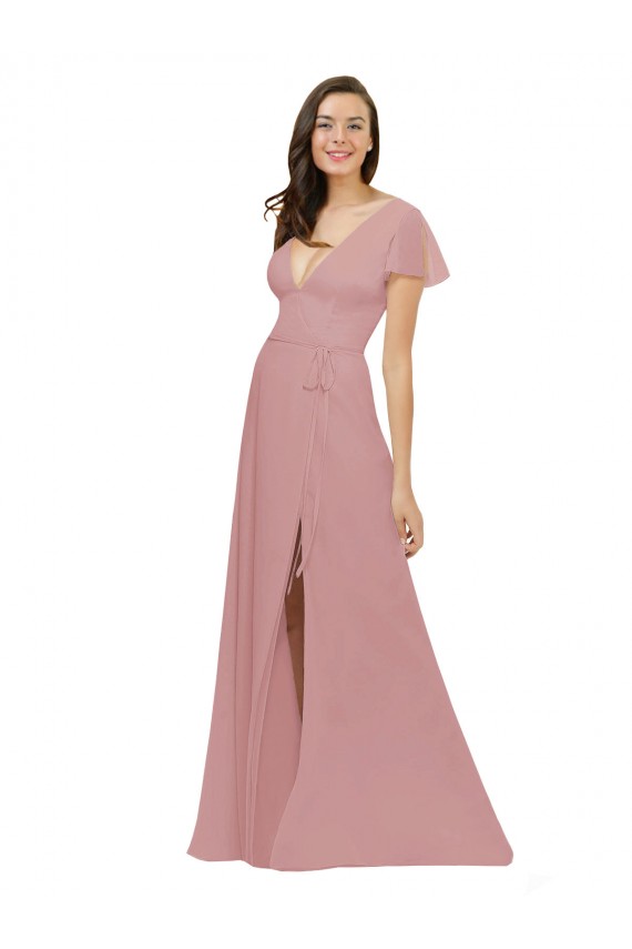 Chiffon V-Neck V-Back A-Line Dusty Pink Bridesmaid Dress / Evening Dress Derby