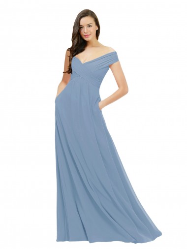 Chiffon Off the Shoulder A-Line Dusty Blue Bridesmaid Dress / Evening Gowns Derby