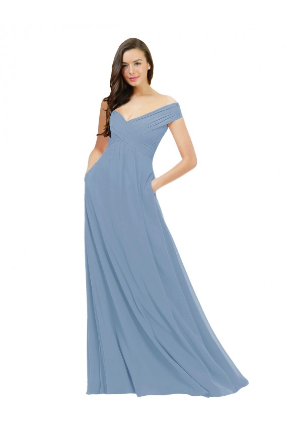 Chiffon Off the Shoulder A-Line Dusty Blue Bridesmaid Dress / Evening Gowns Derby