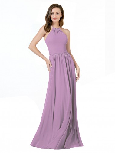 Soft Chiffon Halter Neck A-Line Dark Lavender Bridesmaid Dress Derby
