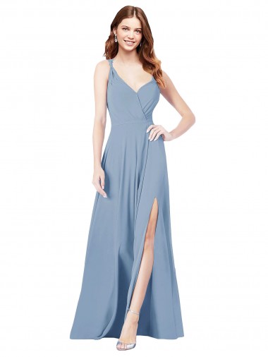 Soft Chiffon V-Neck Keyhole Back A-Line Dusty Blue Formal Dress / Bridesmaid Dress Derby